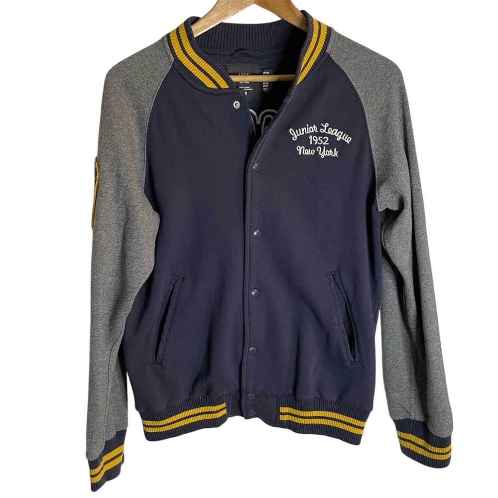 H&M G. Mills Junior League 1952 NY Letterman Navy Blue & Grey Jacket Size 14Y